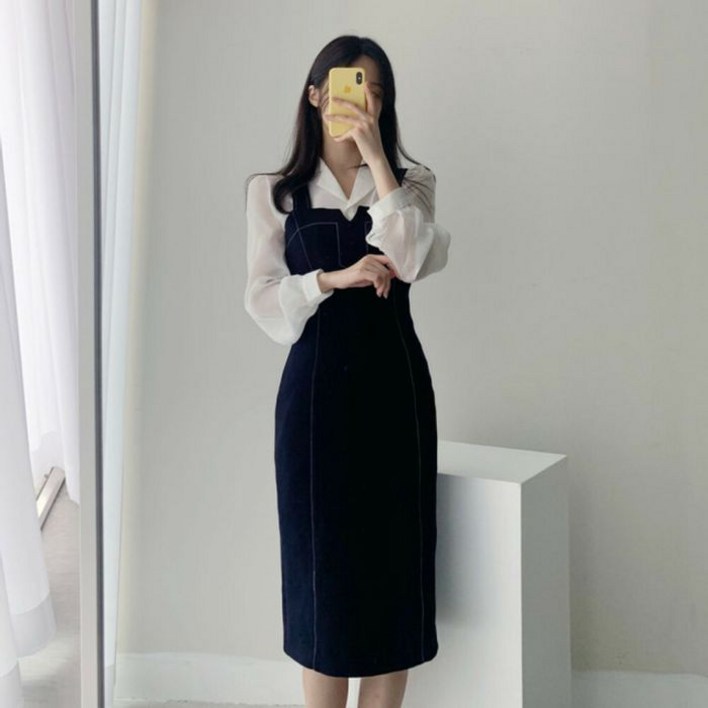 워너비뮤즈  스퀘어넥 스티치 버튼 뷔스티에 롱 원피스