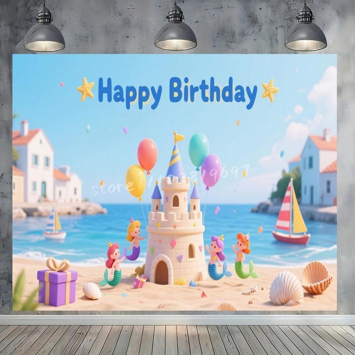 마법의 구름 생일 성 비닐 배경 핑크 타워 천사 무지개 풍선 파티 장식 선물 상자