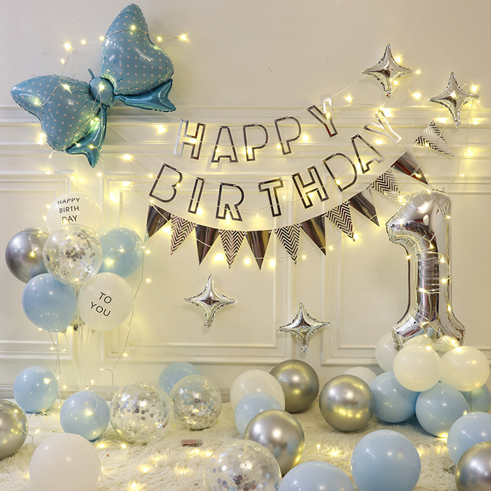 파티샵 생일 풍선 세트(5m전구,손펌프,풍선꽂이포함) 숫자 변경 가능, .블루리본+실버별(전구)