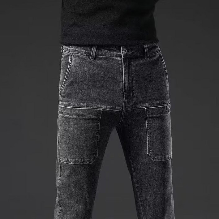 AOKADA 남성 스판 데님 팬츠 봄 가을 슬림핏 포켓 카고 청바지