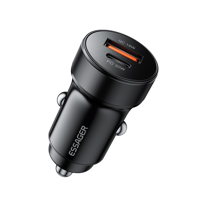 ESSAGER QC3.0 30W 듀얼 포트 C타입 차량용 고속 충전기, 블랙, 1개
