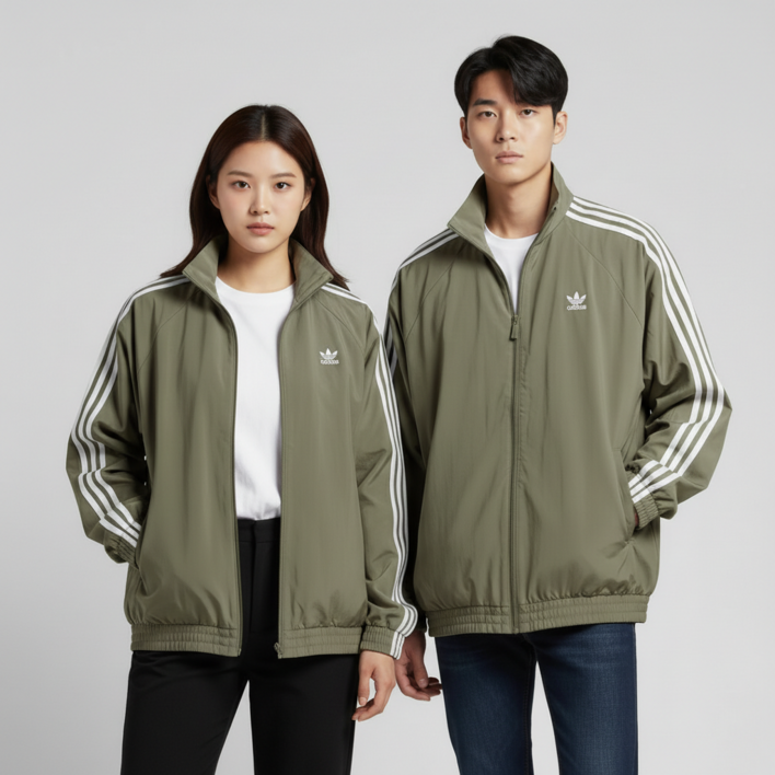 아디다스 오버핏 삼선 트랙탑 저지 카키  남여공용 오버사이즈 자켓 조끼 겸용 점퍼 바람막이