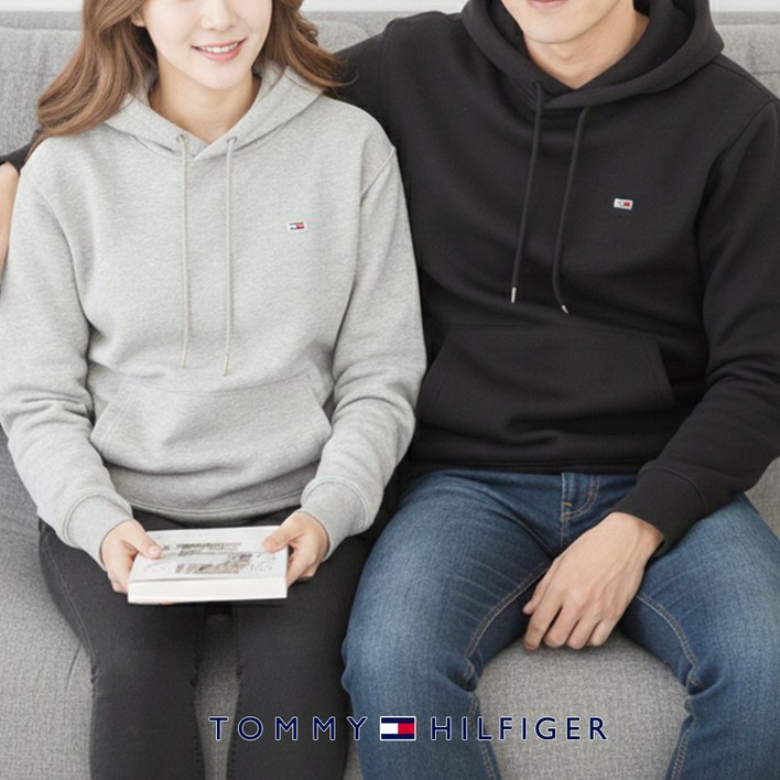 TOMMY 타미진스 남여공용 스몰로고 기모 후드 티셔츠 남자후드티 여자후드티