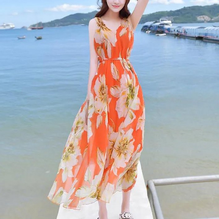 슬림소녀 여성 여름 미디 프린트 민소매 비치웨어 스커트 해변 바캉스 A라인 원피스 촬영 스타일
