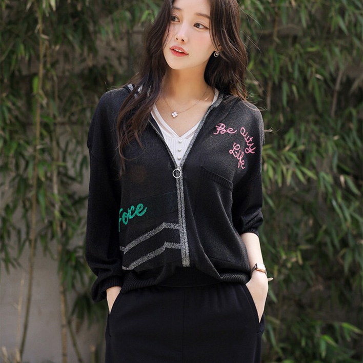 스타일온미 스타일온미  은은한 펄 믹스 자수 레터링 집업 후드 니트 가디건