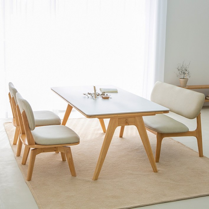 헤닝 마이홈3 4인 회전의자 화이트 세라믹 통세라믹 원목 낮은 식탁세트 1400,1600