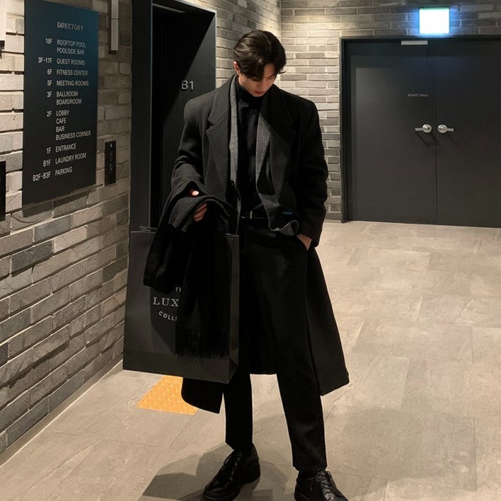 ANYOU 남성 남자 겨울코트 싱글 오버핏 롱코트 정장넥 트렌치코