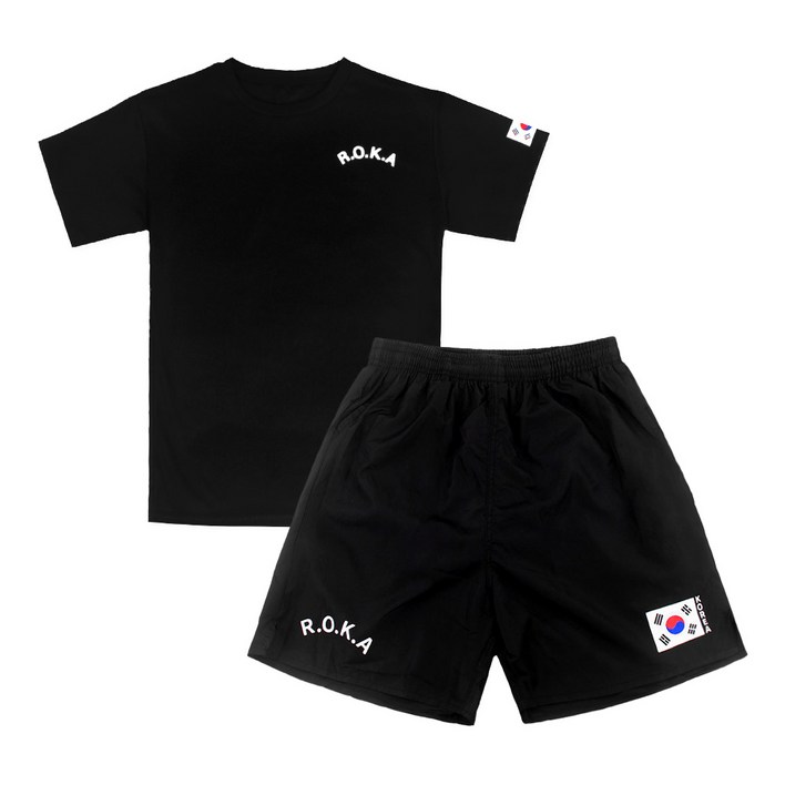 SET 쿨링 로카 반팔티 검정 1P 태극기 로카 반바지 검정 1P ROKA 쿨티셔츠 등산 헬스 반티 운동회