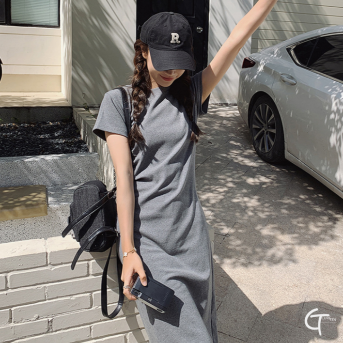 CureTen 라운드넥A라인 원피스 무지 셔링 스커트