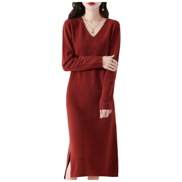 MINA STYLE 브이넥 원피스 니트 롱 옆트임 여성 긴팔 데일리룩