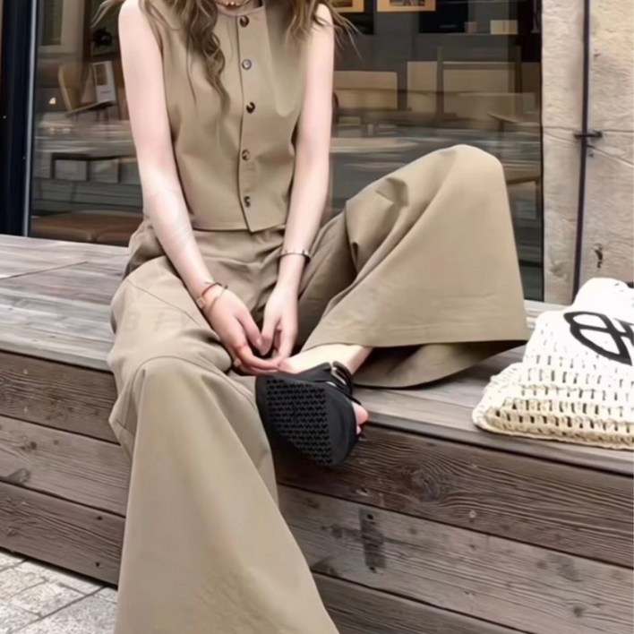 비아이와이 여성 여름 캐주얼 순색 나시 와이드팬츠 여성 투피스 세트 H100