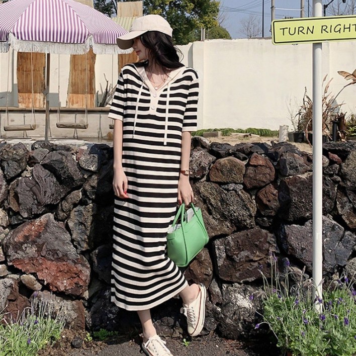 단가라 후드 니트 롱원피스