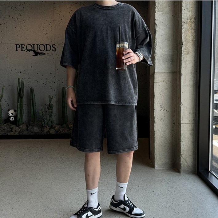 머시따 남성용 피그먼트 워싱 절개 오버핏 상하의 세트