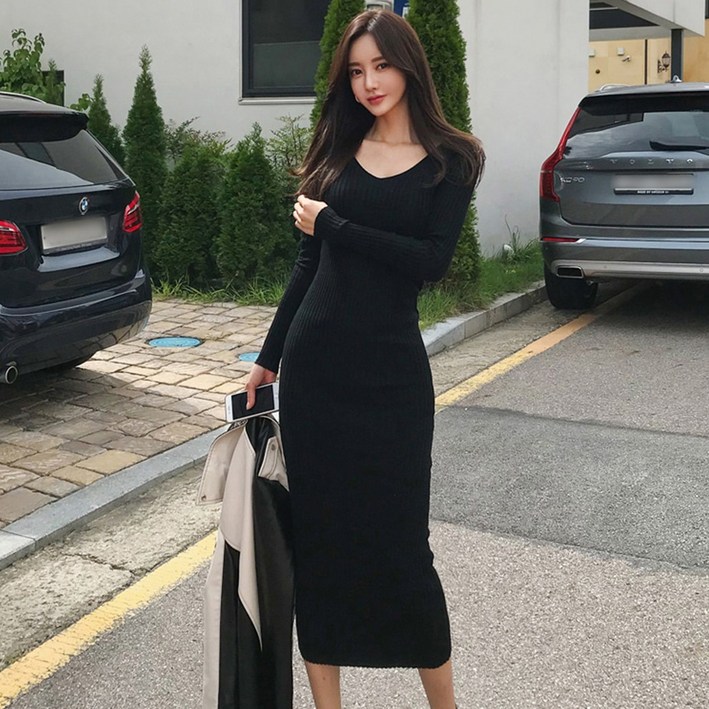 타니즈 플립 브이넥 슬림 골지 니트원피스