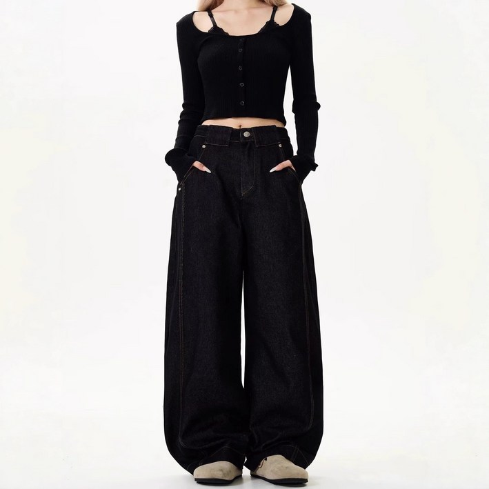 더플로우커머스 여성용 생지 무드 딥톤 다크진 와이드 데님 팬츠