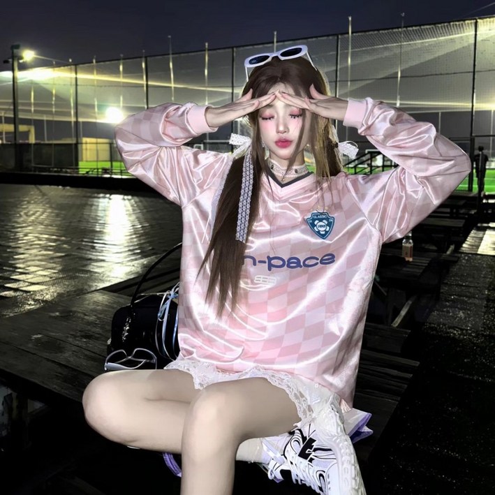 여성 긴팔 져지 빈티지 봄 가을 트레이닝 상의 루즈핏 오버핏 스포츠 져지 티셔츠 CY