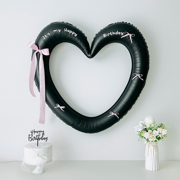 연지마켓 생일 이벤트 하트프레임풍선 블랙 숫자 생일파티 용품 세트 자유레터링, 1세트, 블랙하트 포인트리본