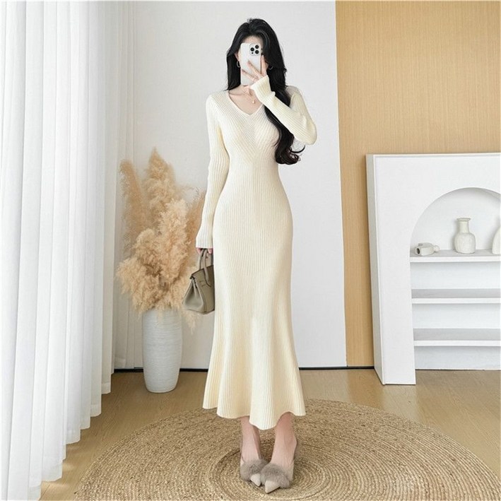 TKX 여성용 브이넥 니트 원피스 겨울 긴팔 슬림핏 머메이드 롱 원피스 하객룩 K37
