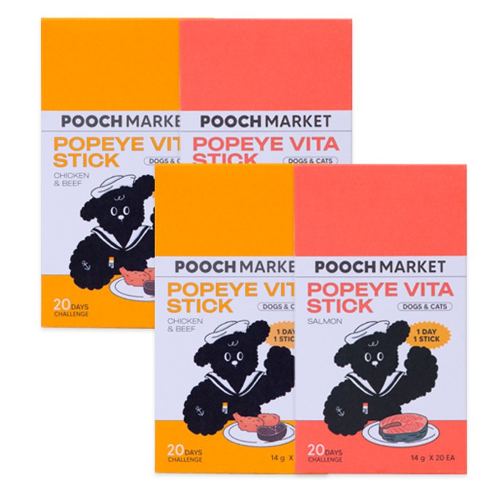 푸치마켓 뽀빠이 비타스틱 연어맛 2box + 치킨비프맛 2box, 80개, 14g, 단품 7530861952