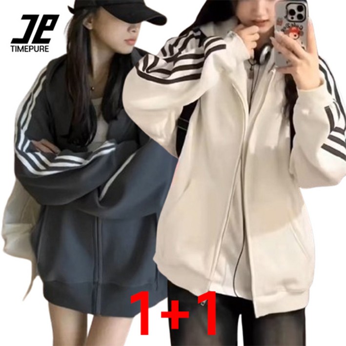 TIMEPURE 1+1 여성용 가벼운 루즈핏 후드 집업 봄 가을 필수 아이템 여유로운 핏과 편안한 착용감으로 완성된 스타일리시한 후드 외투