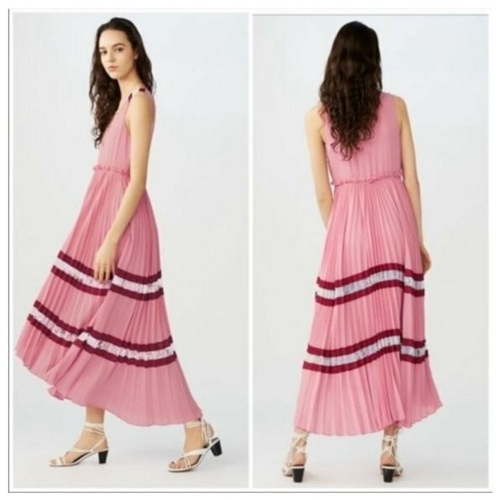 마쥬 마제 핑크 버건디 레이스 인셋 브이넥 리텔로 아코디언 플리츠 맥시 드레스 1 M516 5784345