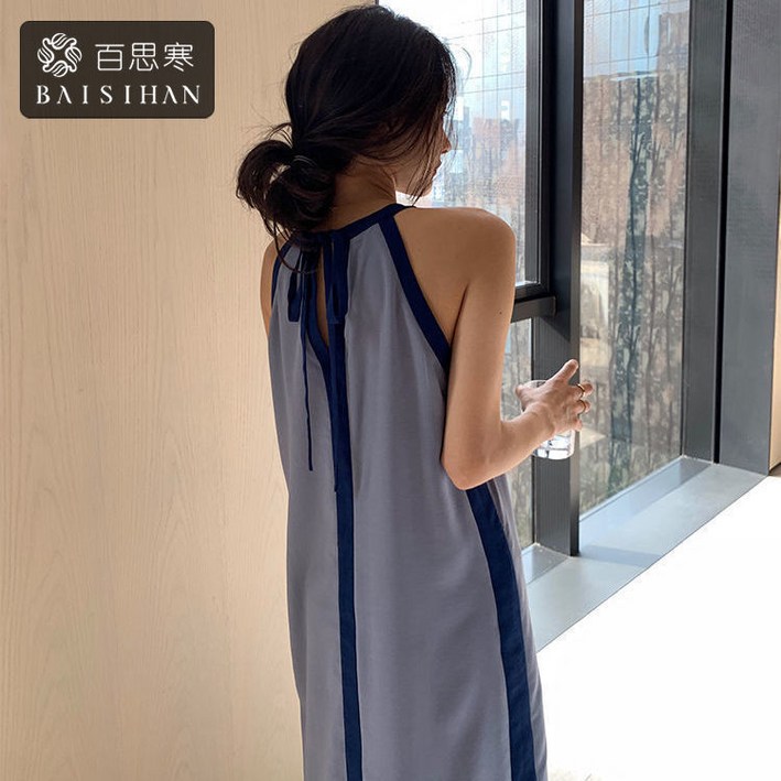 여성 홀터넥 원피스 캐주얼 봄 여름 오픈숄더 치마 루즈핏 바캉스룩 원피스 휴양지 원피스 기질 비치웨어 트임 롱 스커트 ZZL