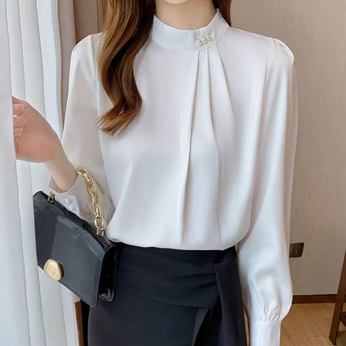 아이도스 여성 슬림핏 캐주얼 고급 패션 셔츠 새틴 쉬폰 긴팔 오피스 정장 블라우스 빅 사이즈