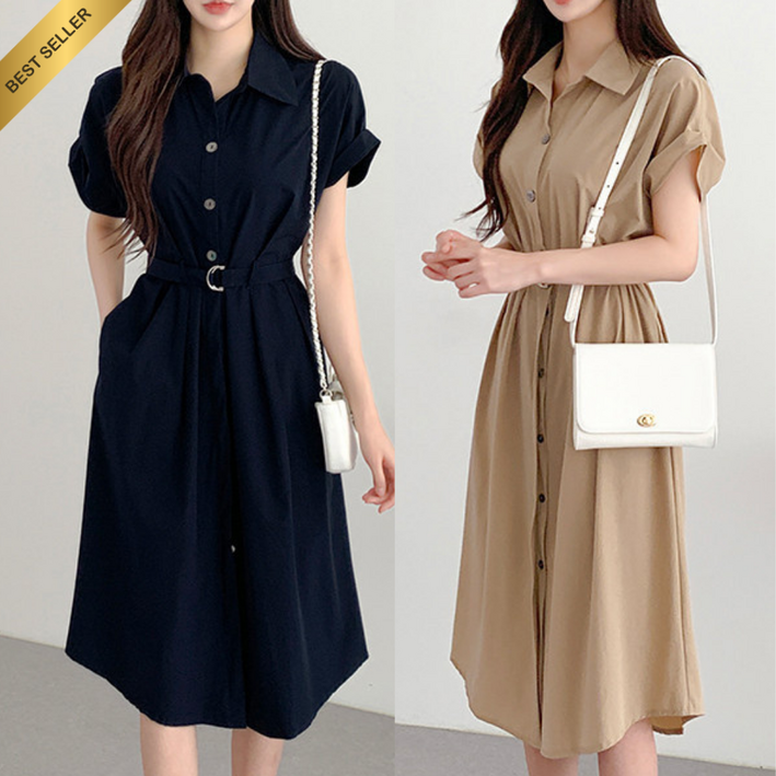 산들라 셔츠 원피스 롱 플레어 반팔 하객룩 D링 벨트 포켓 롤업소매 포함