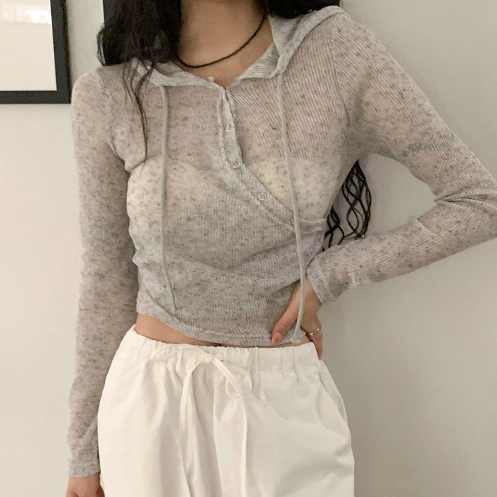 레이어드 여름 긴팔 간절기 스냅 힙 스트릿 크롭 후드 니트