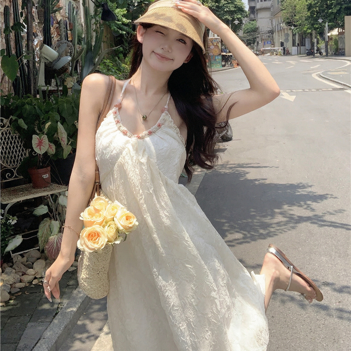 스타일닥터 여성 원피스 봄 여름 할리넥 주름 롱원피스 크림색 휴양지 비치룩 데일리룩 루즈핏