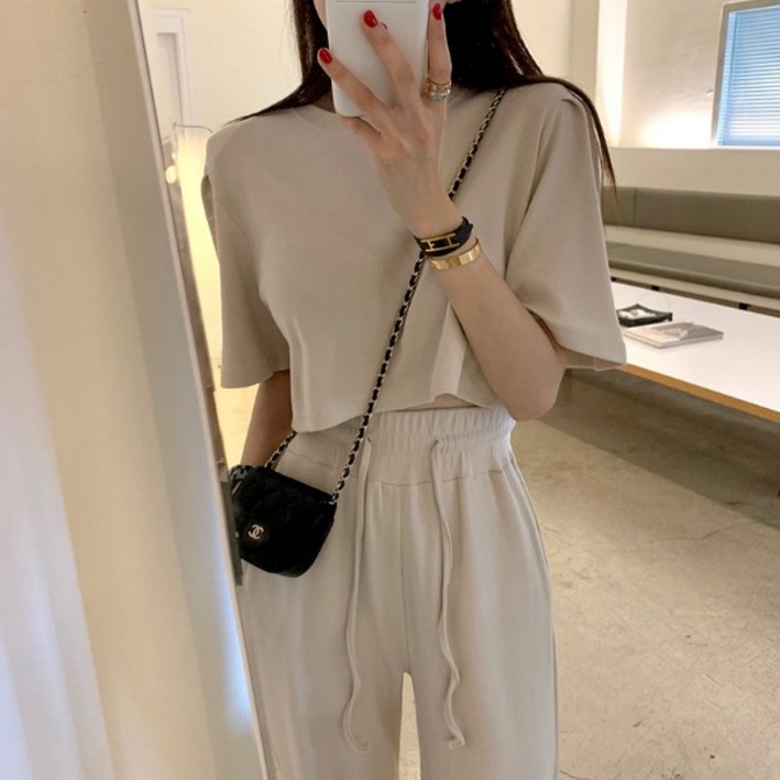 비즈로그인 루즈핏 반팔 탑 와이드 밴딩 팬츠 투피스 셋업 2color