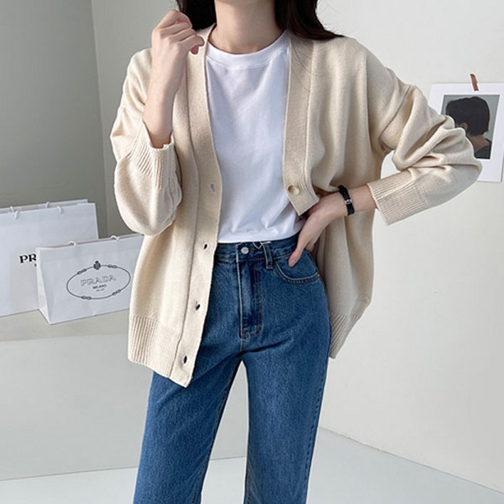 바이단미 MADE 여성용 니트 긴팔 브이넥 무지 빅사이즈 루즈핏 박시 베이직 오버핏 가디건