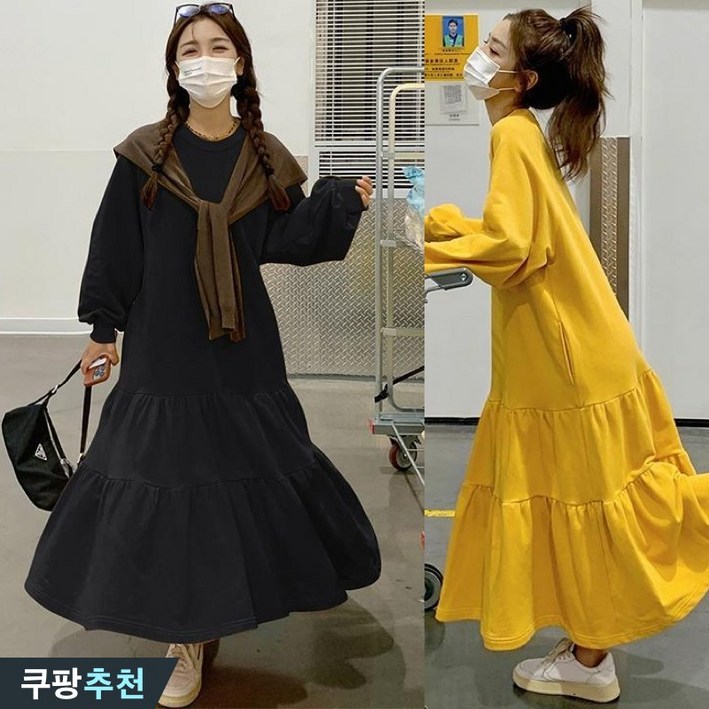 브랜드 추천 150kg까지 빅사이즈 여성 프릴 볼륨 주름 a라인 롱 맨투맨 원피스 가을 겨울 편한 얇은것 기모 도톰 따뜻한 박스 날씬해보이는 모던 패치워크 찰랑 이쁜 원피스