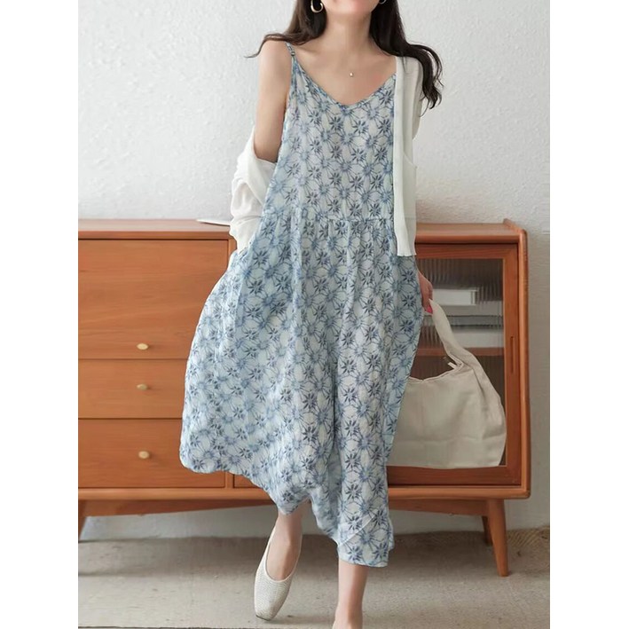 LL-1960린넨 플라워 끈나시 원피스