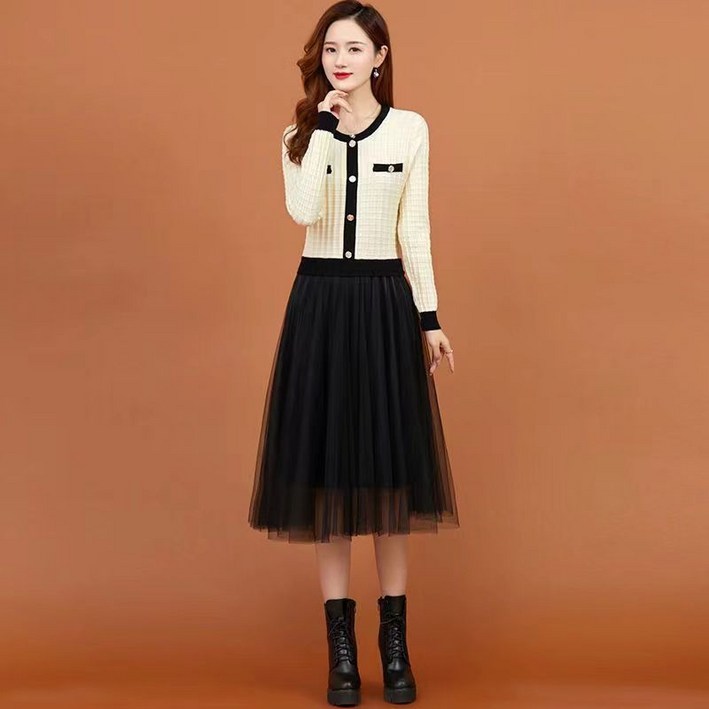 jieve 여성용 캐주얼 스트라이프 니트 드레스 긴팔 원피스 봄 가을 패션SL090907