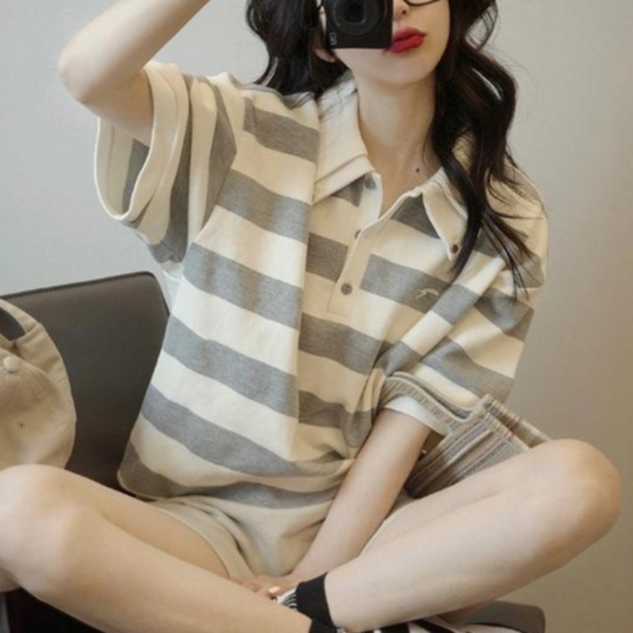 ANYOU 여성 버튼넥 스트라이프 반팔 티셔츠 카라 루즈핏 반팔티 ANYOU 여성 버튼넥 스트라이프 반팔 티셔츠 카라 루즈핏 반팔티