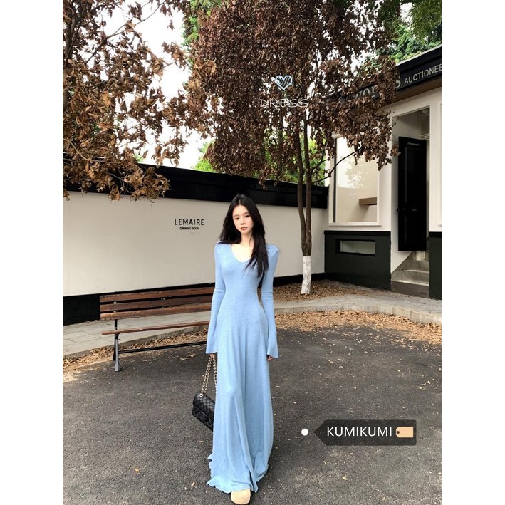 [슬림핏 끝판왕] 롱원피스 브이넥 니트 드레이프 블루