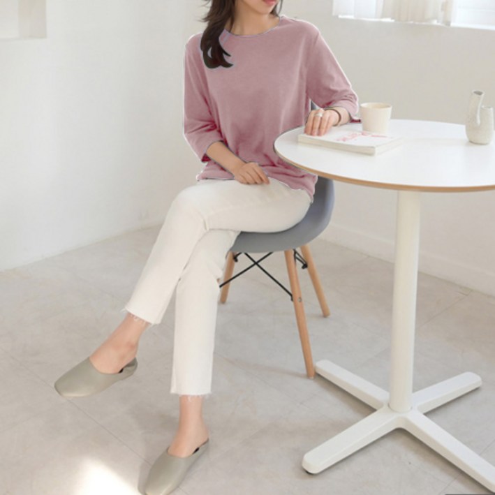 데일리앤 케이지 여자 베이직 7부 슬라브 티셔츠