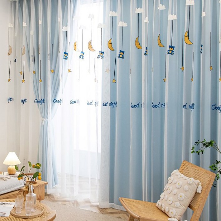 HAROO 아일렛형 거실 이중레이스 자수 안방 아이방 커튼 2P