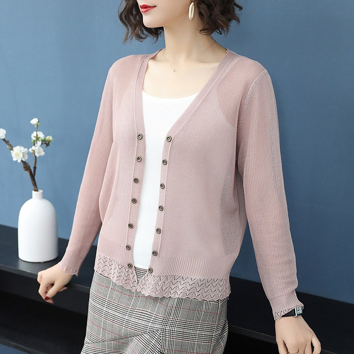 ASURE 여자 얇은 브이넥 니트 카디건 쇼트 아이템 자외선 차단 의류