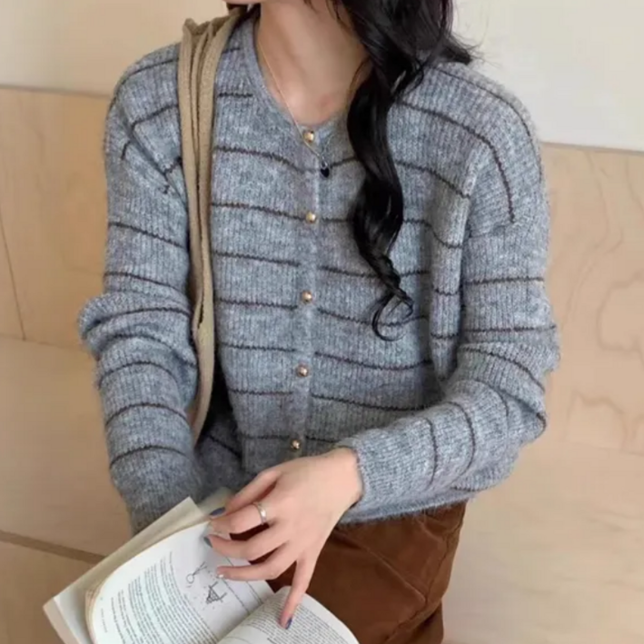 르코앤드라코 여성용 데일리 루즈핏 스트라이프 라운드넥 가디건