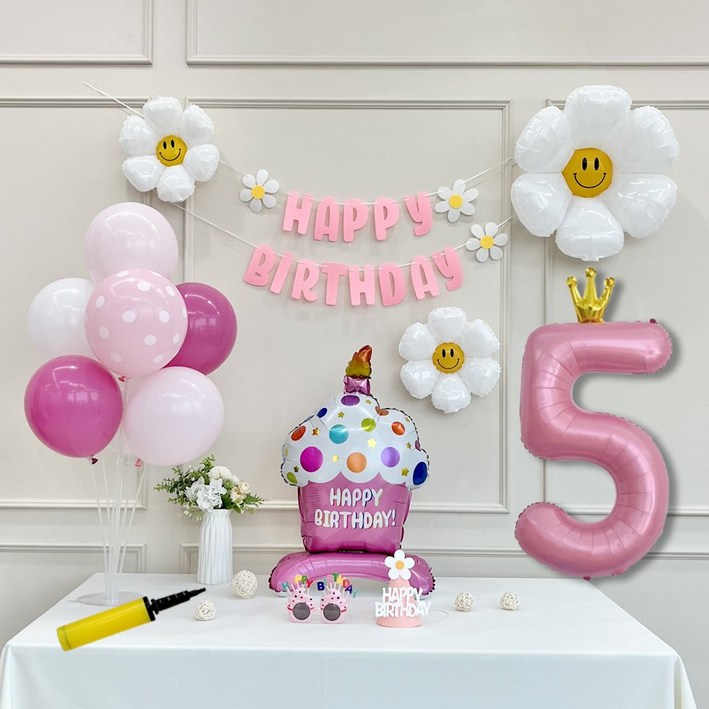 연지마켓 생일 파티 케이크 데이지 왕관 숫자 풍선 가랜드 세트, 1세트, 케이크 핑크A 5