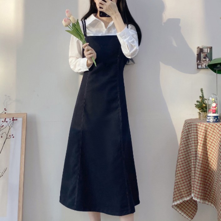 마이블링 [당일발송/3color/예쁜핏!] 골덴 더블 끈 플레어 스퀘어넥 뷔스티에 허리끈 롱 원피스 / 결혼식 하객 모임룩