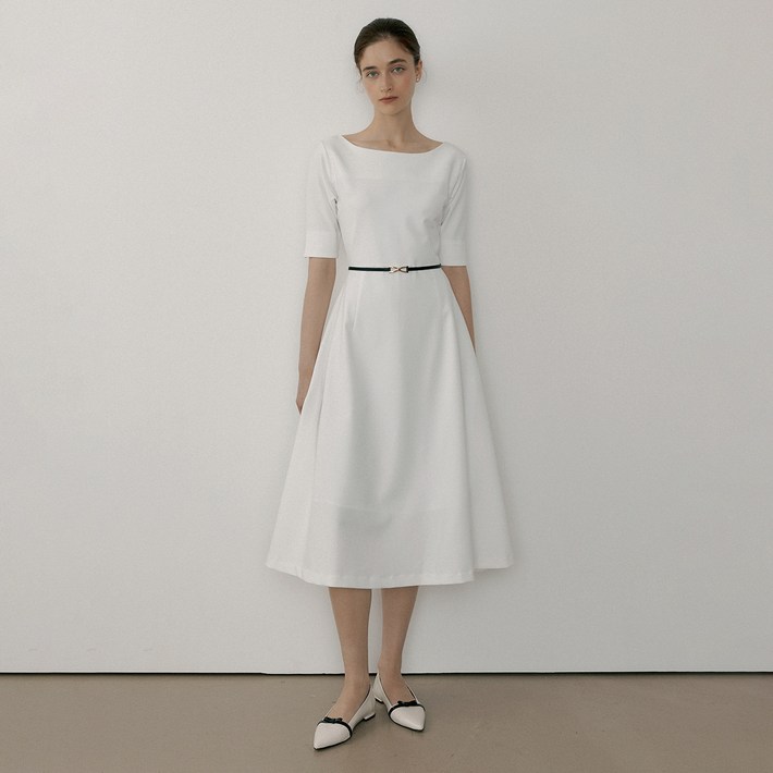 리올그 여성용 모르 보트넥 클래식 플레어 원피스  벨트 세트