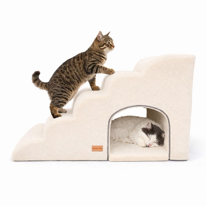 올미오펫 고양이 숨숨집 계단 5단방석 세트, 크림아이보리, 1개