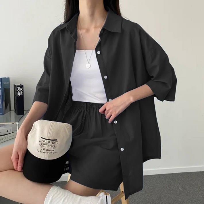 더시럽 여성용 간편한 데일리 셔츠 반바지 투피스