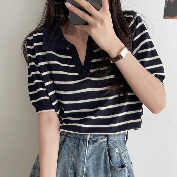 여성용 티샤 배색 스트라이프 반팔 카라 니트