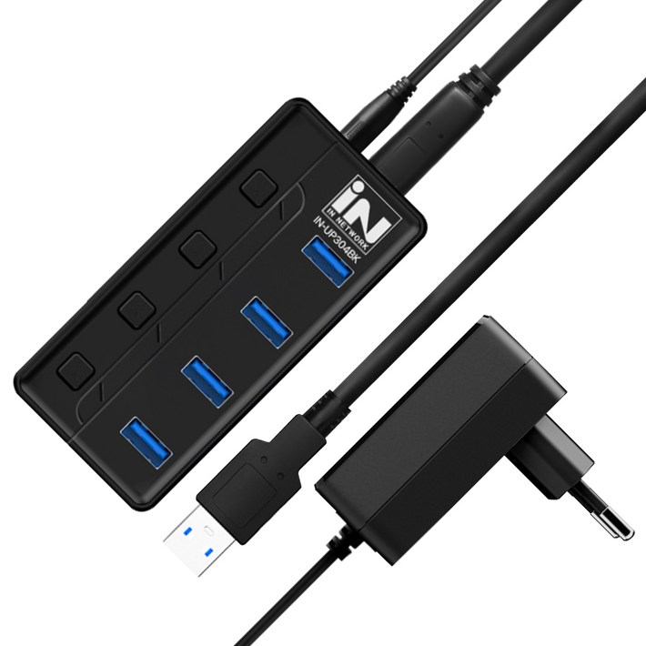 인네트워크 USB 3.0 지원 개별전원 스위치 4포트 확장 유전원 분리형 USB허브 INUP304BK