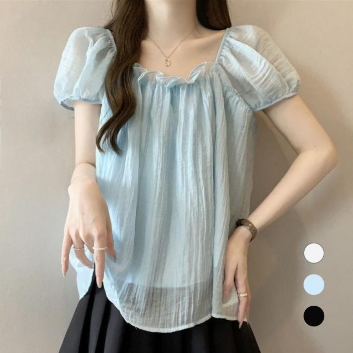 에쥬아 스퀘어넥 반팔블라우스 프릴 링클셔츠 퍼프소매 셔링 블라우스