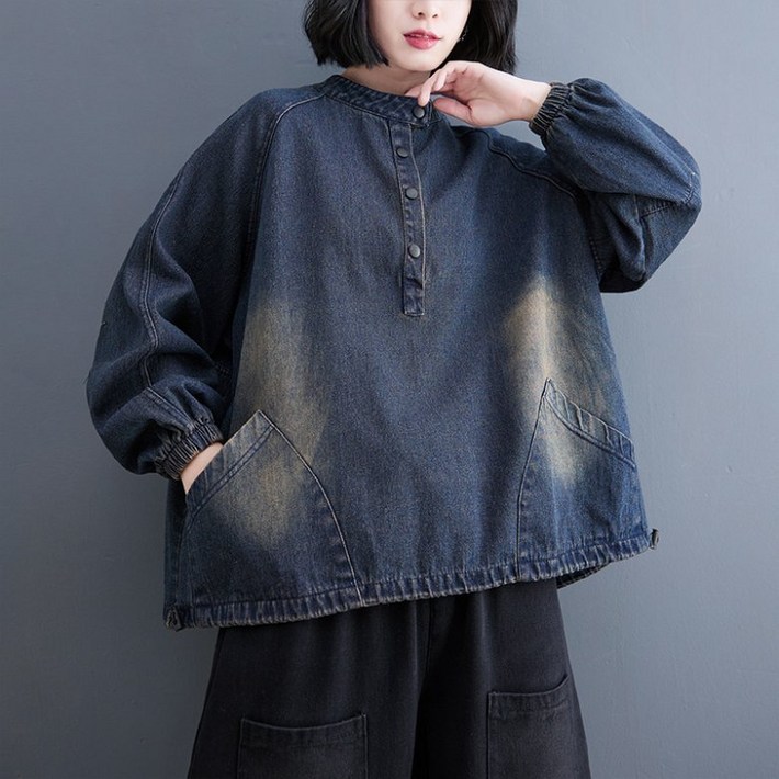PEROLA 105kg까지 빅사이즈 여성 워싱 데님 맨투맨 밑단 스트링 루즈핏 헨리넥 청 맨투맨